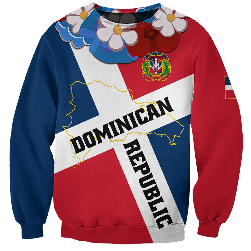 Unisex Dominican-flag sweatshirt with coat of arms, 'DOMINICAN' ribbon, floral trim