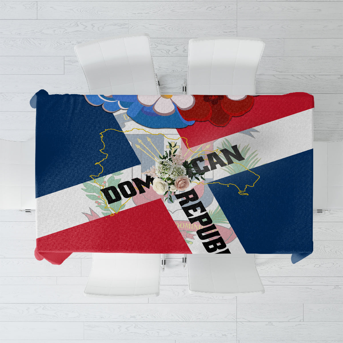 Flag-style Dominican Republic tablecloth with blue, red, and white coat of arms design