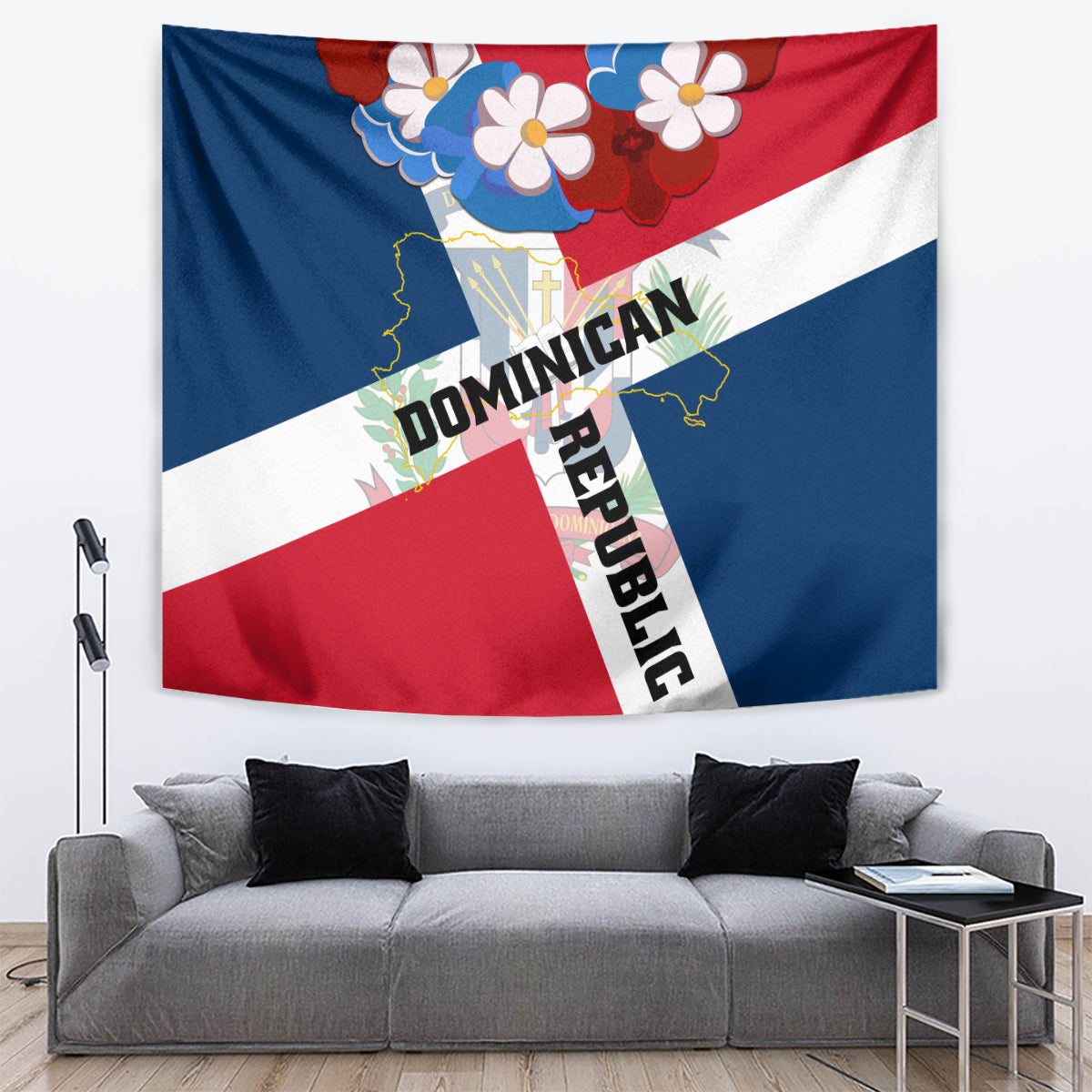 Blue, red and white Dominican Republic flag tapestry with coat of arms and flowers