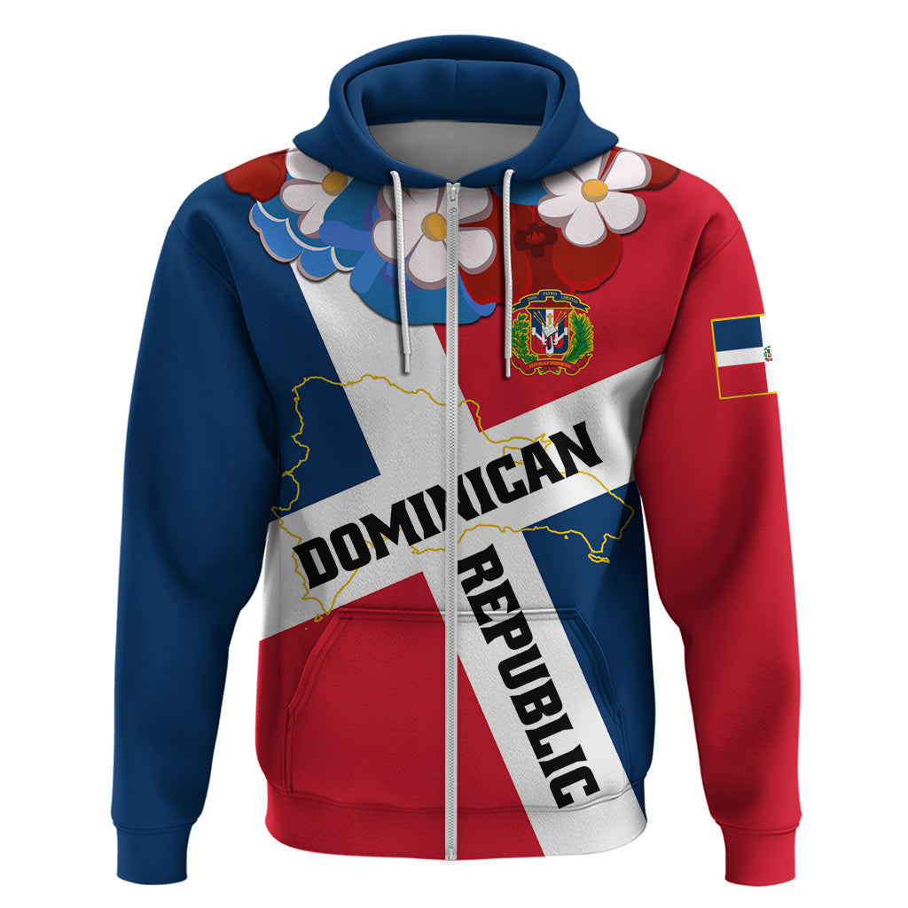 Zip hoodie with blue-red-white flag graphic, hood, front zipper, Dominican Republic text