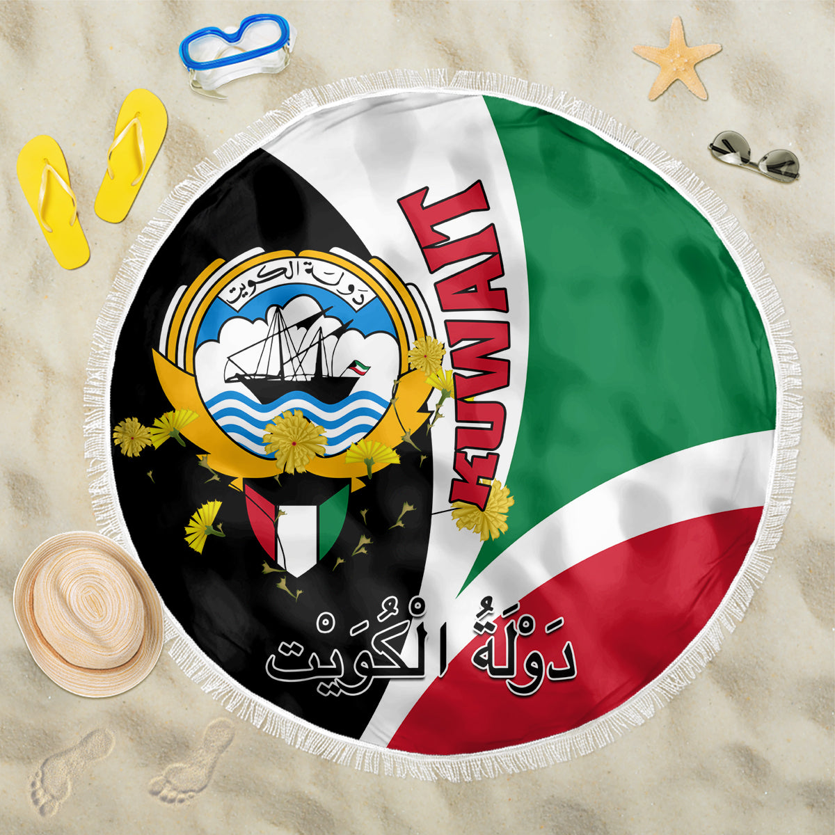 Round Kuwait flag beach blanket with coat of arms graphic, fringed edge