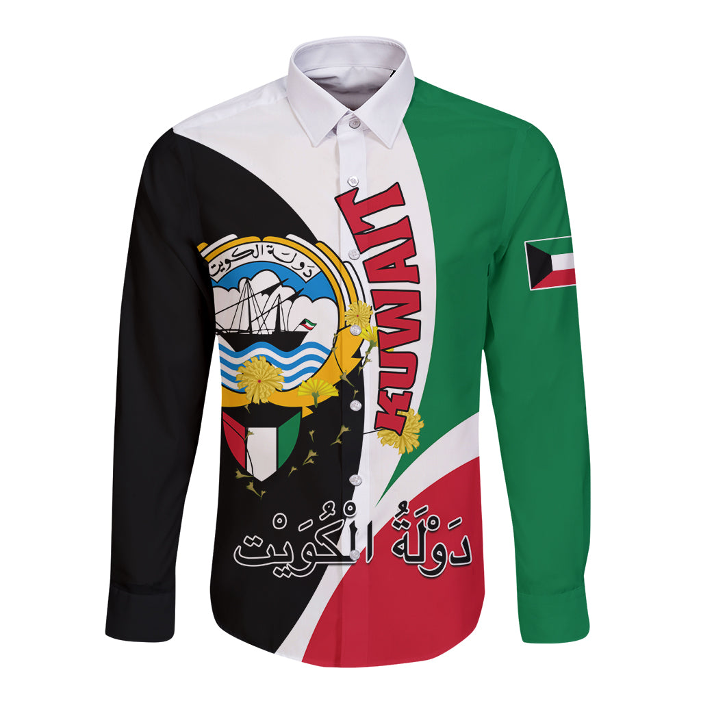 Long-sleeve button shirt with Kuwait flag crest graphic in green, red, black