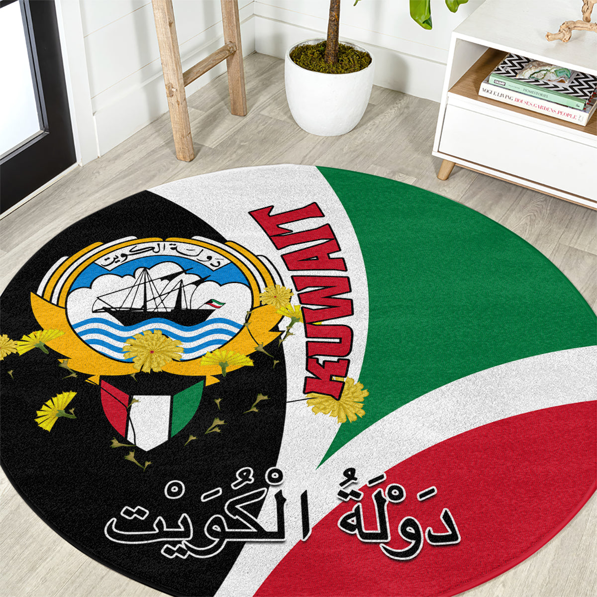 Round Kuwait flag area rug with coat of arms emblem and Arabic text, green white red