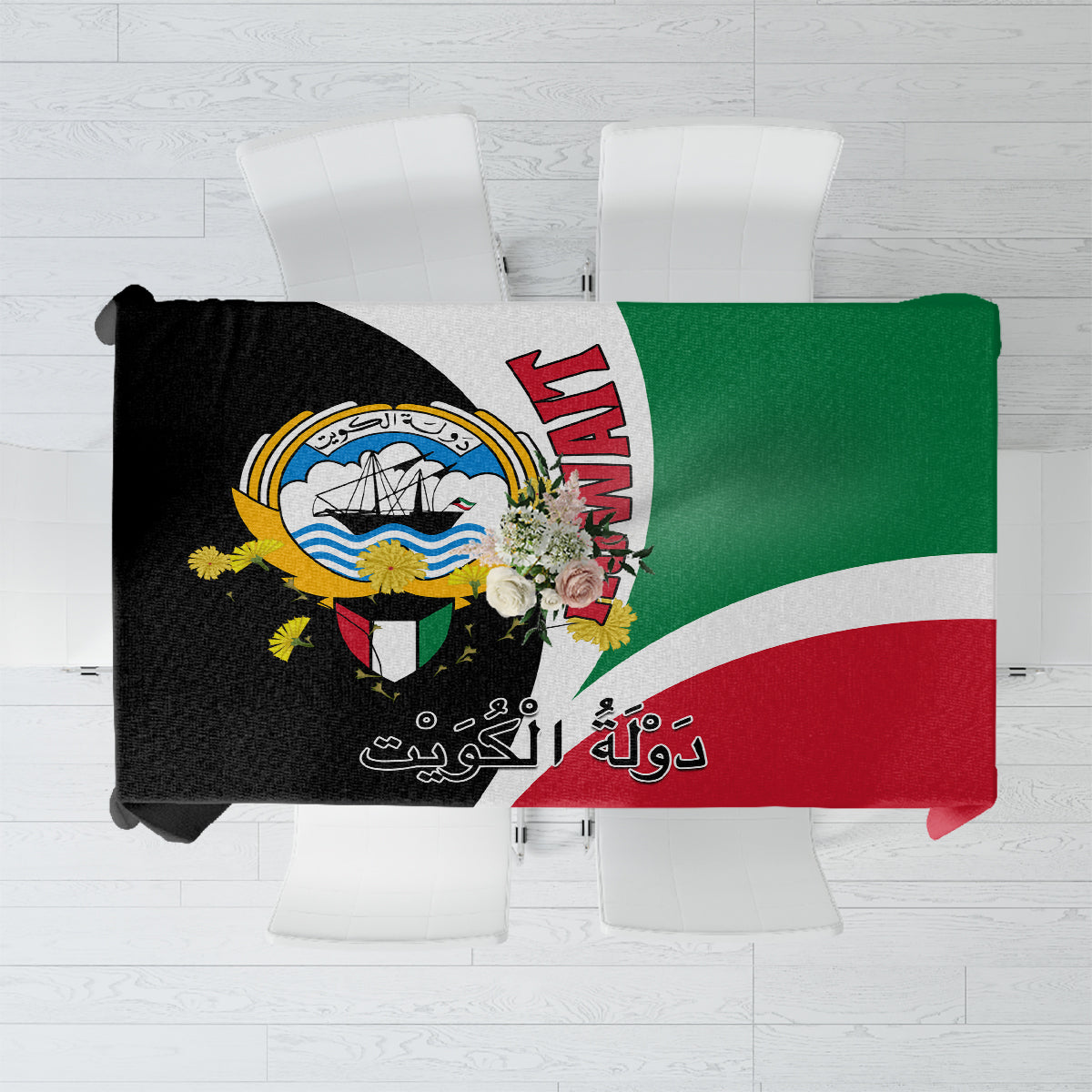 Square Kuwait flag tablecloth with coat of arms, red-white-green and black panel