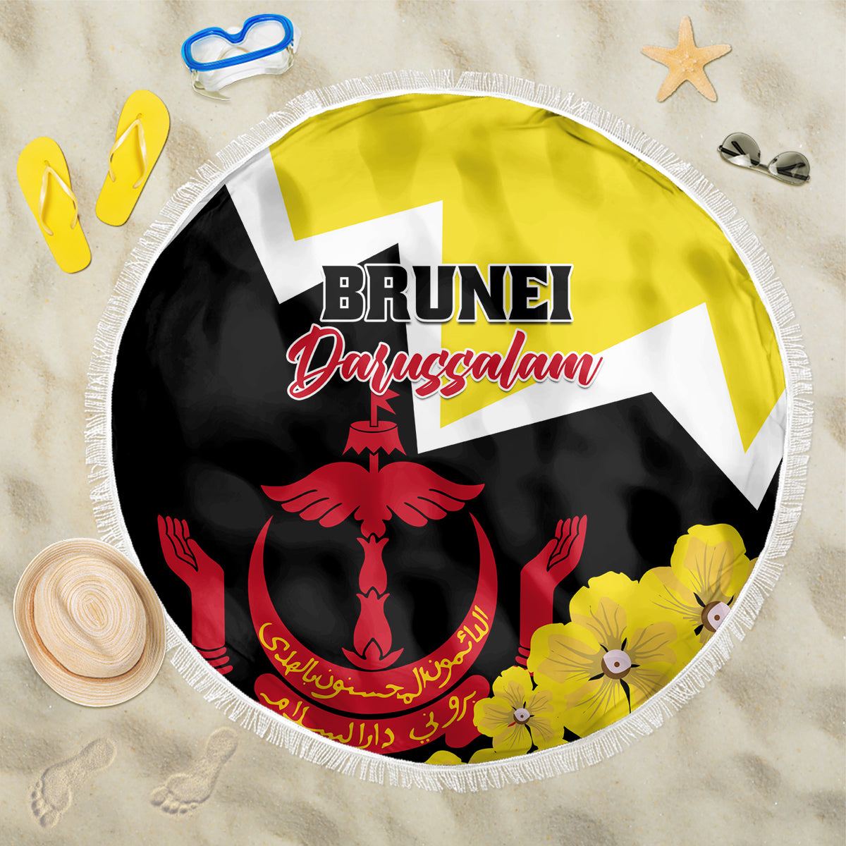 Round beach blanket with fringed edge, yellow, black and white Brunei coat-of-arms