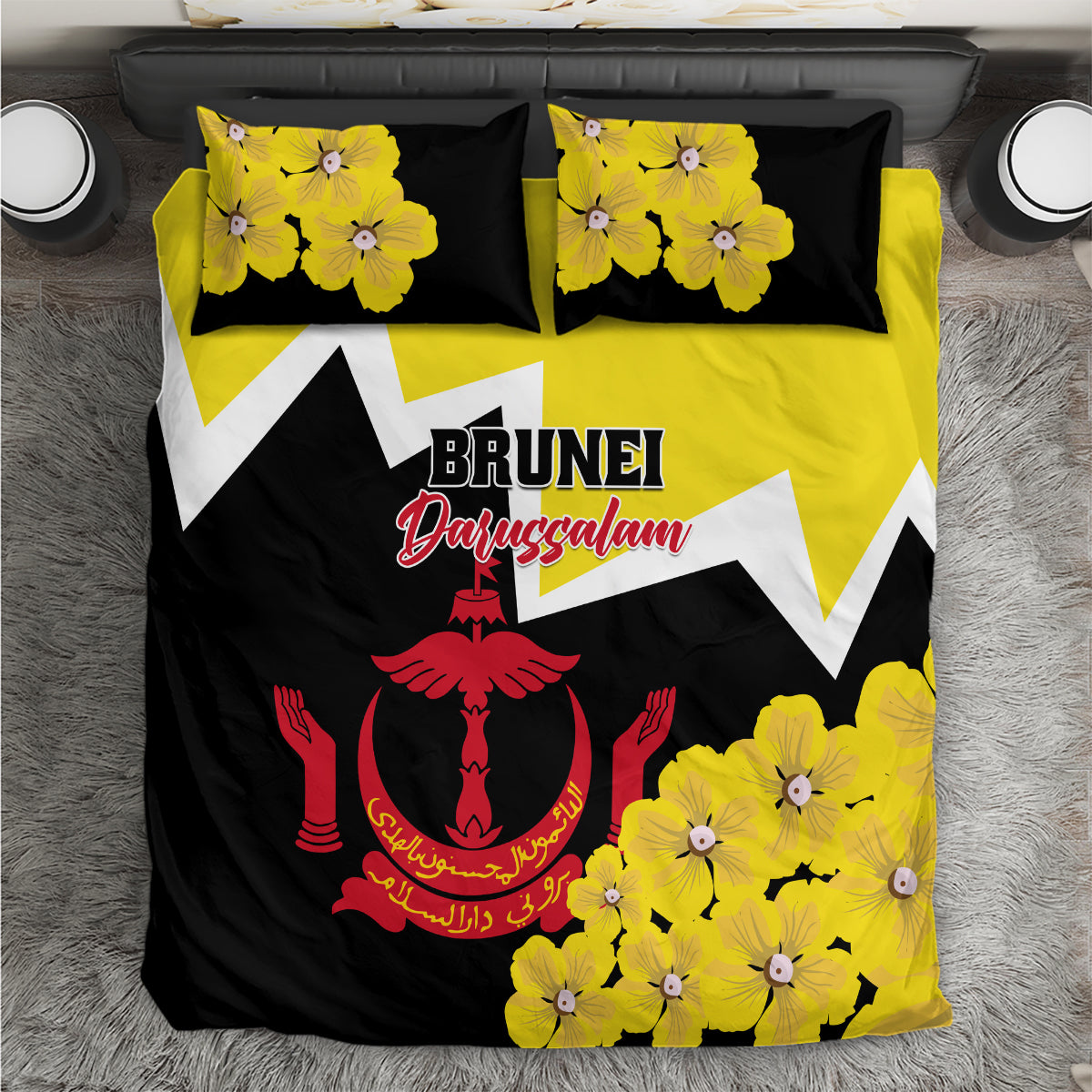 Brunei national day bedding set with yellow floral print, black chevrons, coat of arms