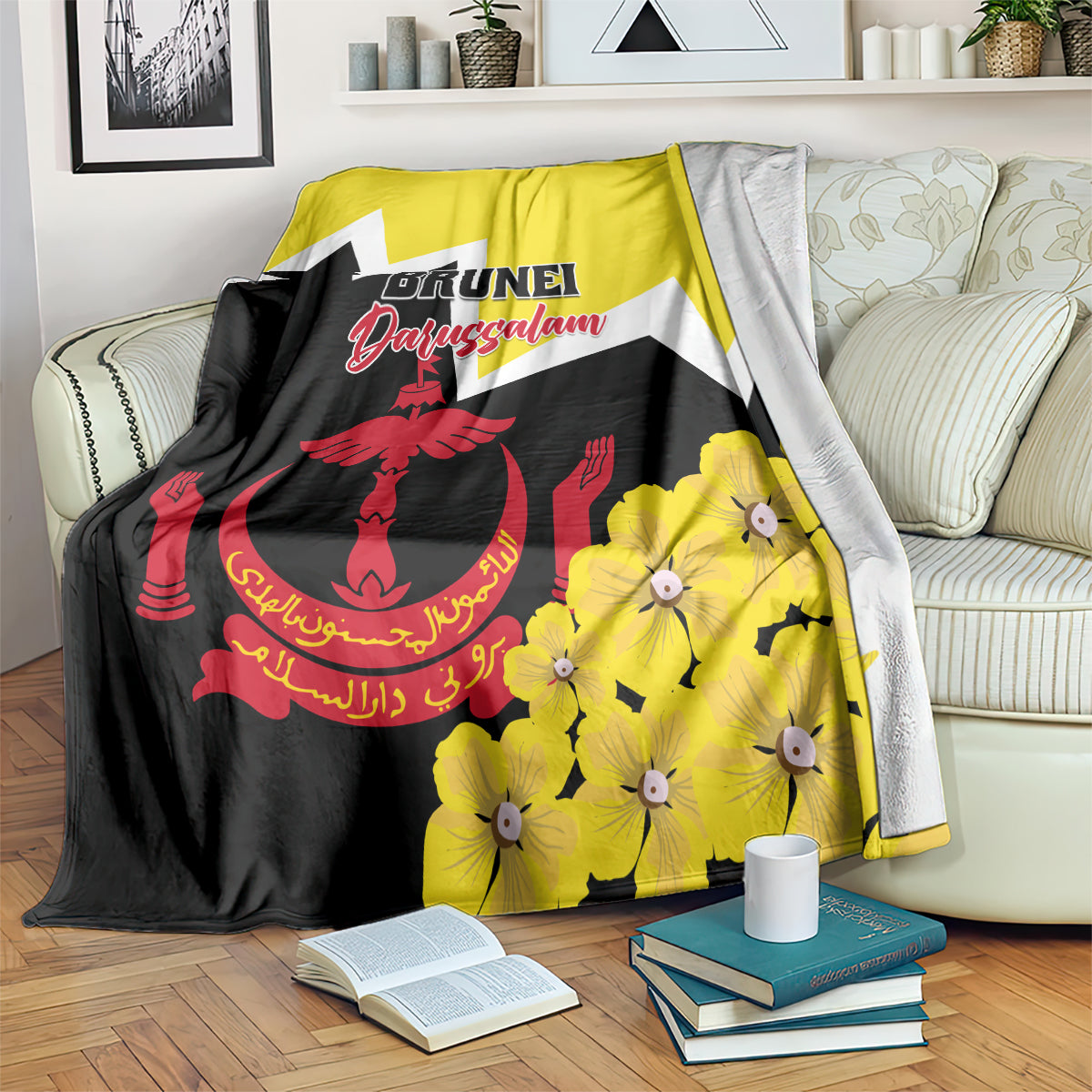 Yellow and black blanket coat with Brunei emblem and yellow flower print