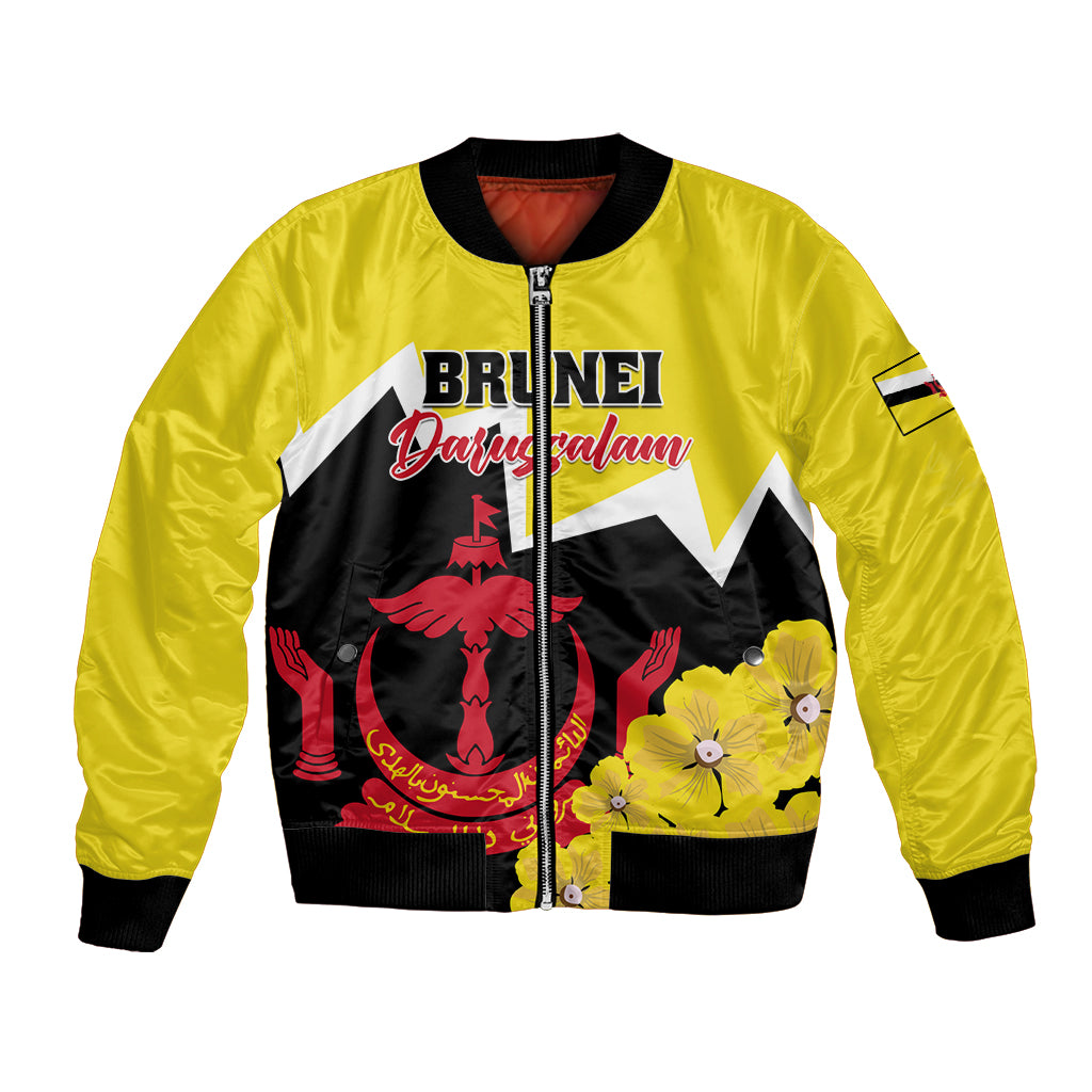 Yellow bomber jacket with zipper, black dragon graphic, flowers, white chevron stripe