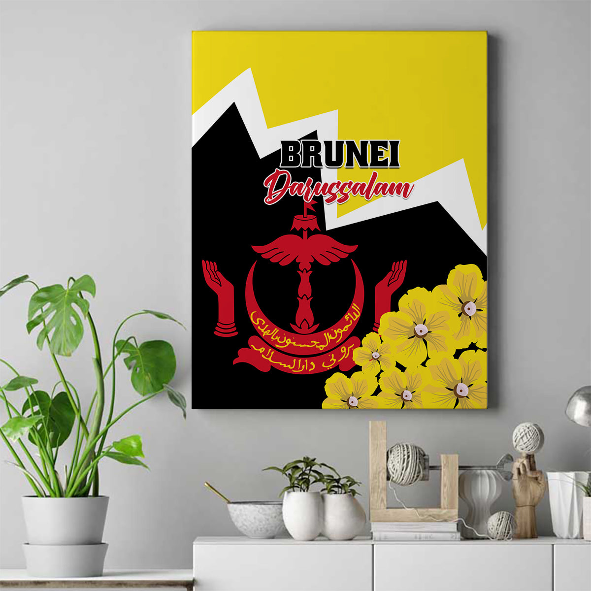 Brunei Darussalam National Day Canvas Wall Art Coat Of Arms Simpor Flower - Wonder Print Shop