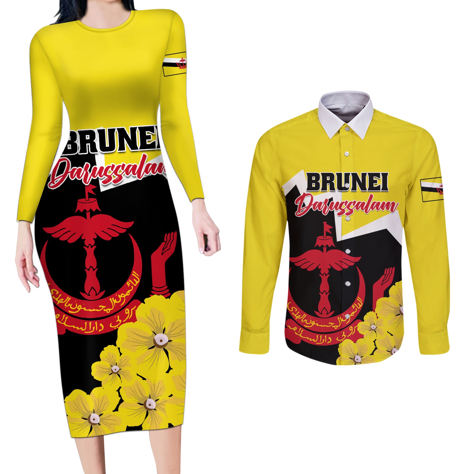 Brunei Darussalam National Day Couples Matching Long Sleeve Bodycon Dress and Long Sleeve Button Shirt Coat Of Arms Simpor Flower - Wonder Print Shop