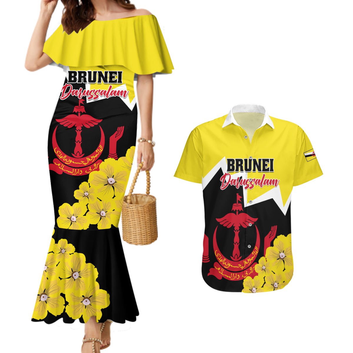 Brunei Darussalam National Day Couples Matching Mermaid Dress and Hawaiian Shirt Coat Of Arms Simpor Flower - Wonder Print Shop