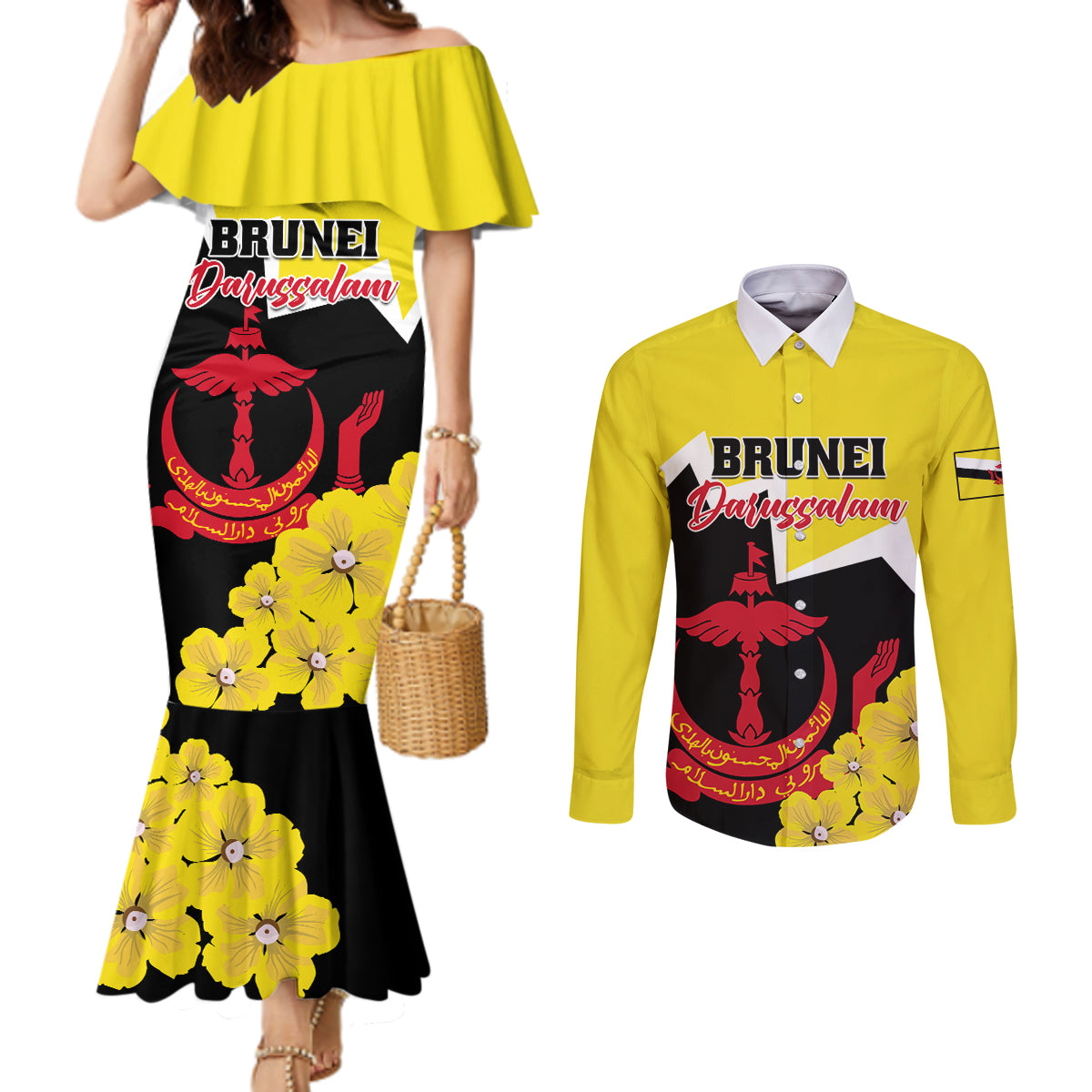 brunei-darussalam-national-day-couples-matching-mermaid-dress-and-long-sleeve-button-shirt-coat-of-arms-simpor-flower