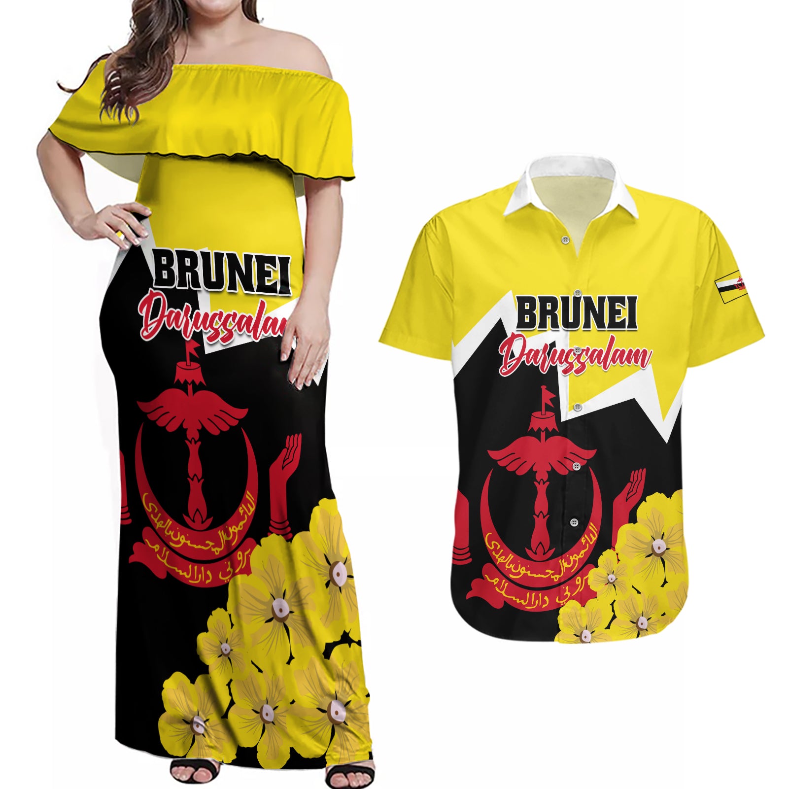 Brunei Darussalam National Day Couples Matching Off Shoulder Maxi Dress and Hawaiian Shirt Coat Of Arms Simpor Flower - Wonder Print Shop