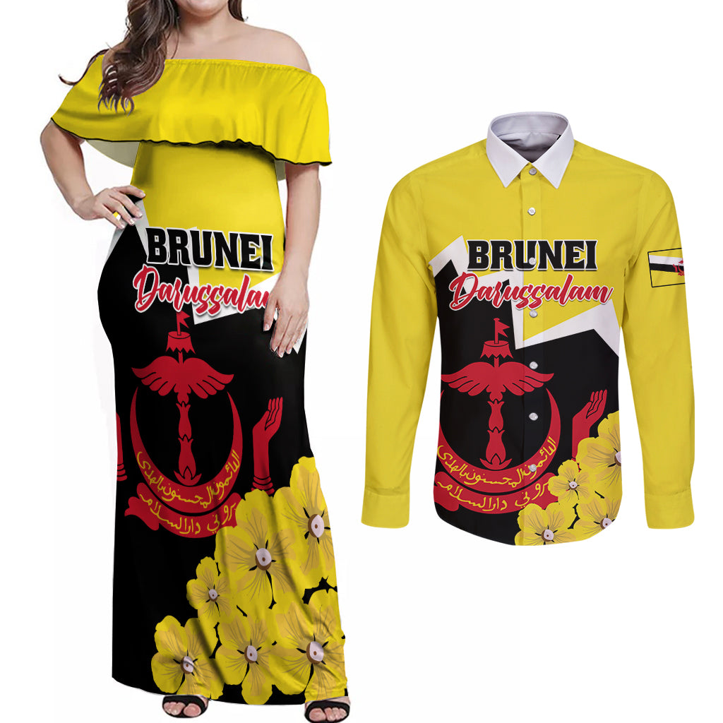 Brunei Darussalam National Day Couples Matching Off Shoulder Maxi Dress and Long Sleeve Button Shirt Coat Of Arms Simpor Flower - Wonder Print Shop