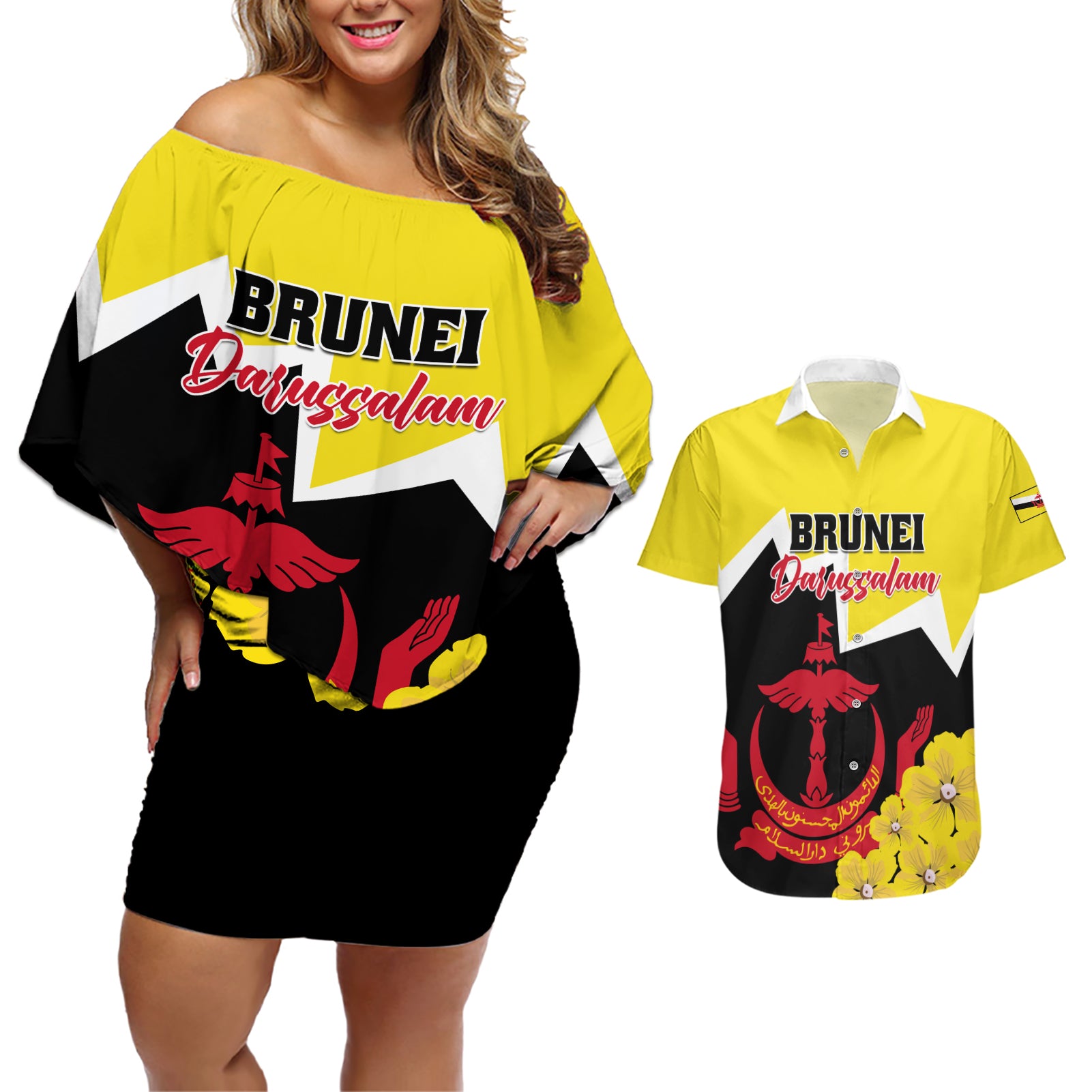 Brunei Darussalam National Day Couples Matching Off Shoulder Short Dress and Hawaiian Shirt Coat Of Arms Simpor Flower - Wonder Print Shop