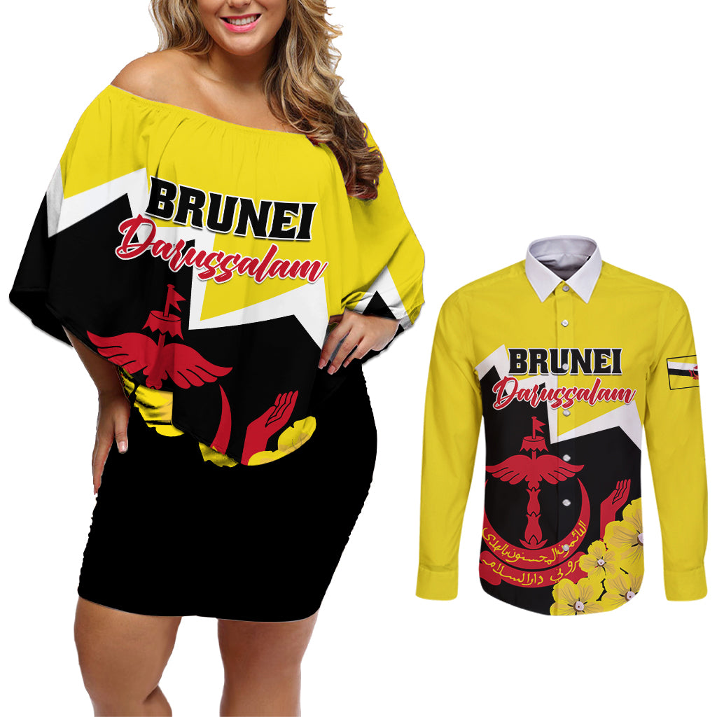 Brunei Darussalam National Day Couples Matching Off Shoulder Short Dress and Long Sleeve Button Shirt Coat Of Arms Simpor Flower - Wonder Print Shop