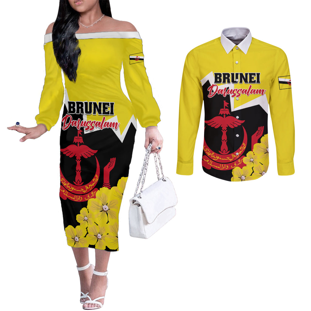 brunei-darussalam-national-day-couples-matching-off-the-shoulder-long-sleeve-dress-and-long-sleeve-button-shirt-coat-of-arms-simpor-flower