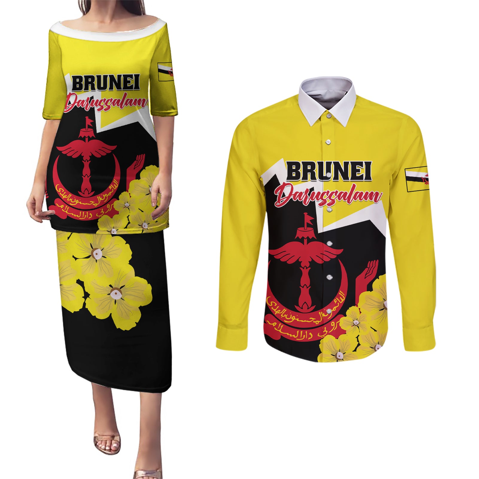 Brunei Darussalam National Day Couples Matching Puletasi and Long Sleeve Button Shirt Coat Of Arms Simpor Flower - Wonder Print Shop