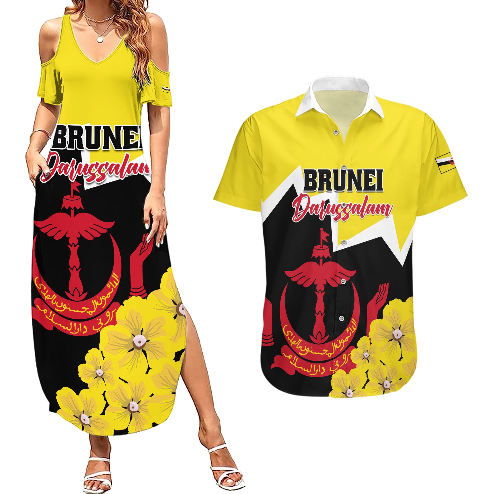 Brunei Darussalam National Day Couples Matching Summer Maxi Dress and Hawaiian Shirt Coat Of Arms Simpor Flower - Wonder Print Shop