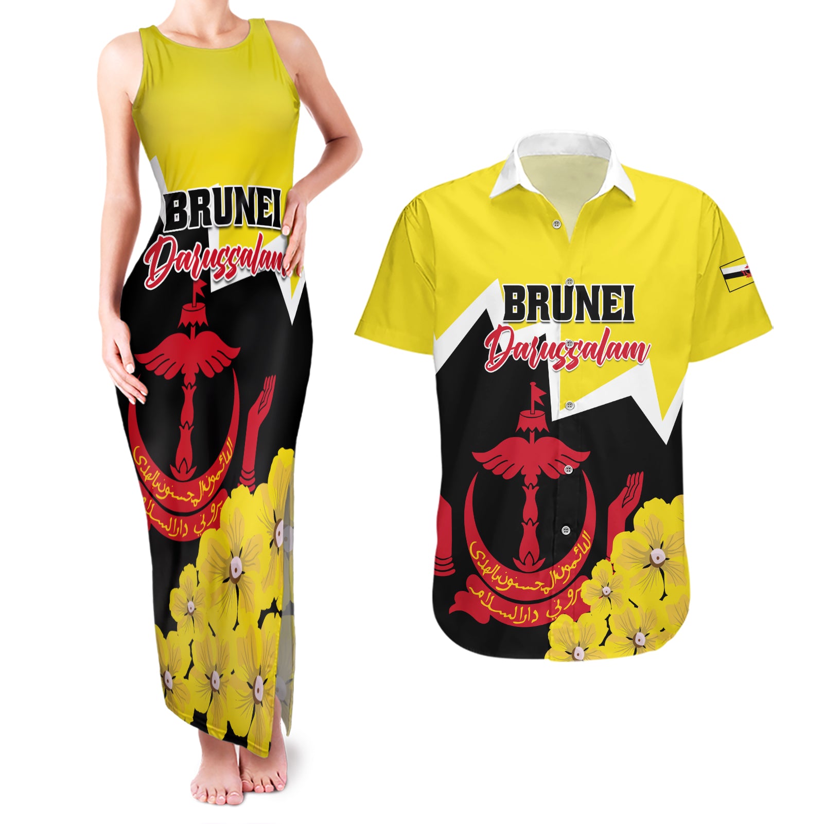 Brunei Darussalam National Day Couples Matching Tank Maxi Dress and Hawaiian Shirt Coat Of Arms Simpor Flower - Wonder Print Shop