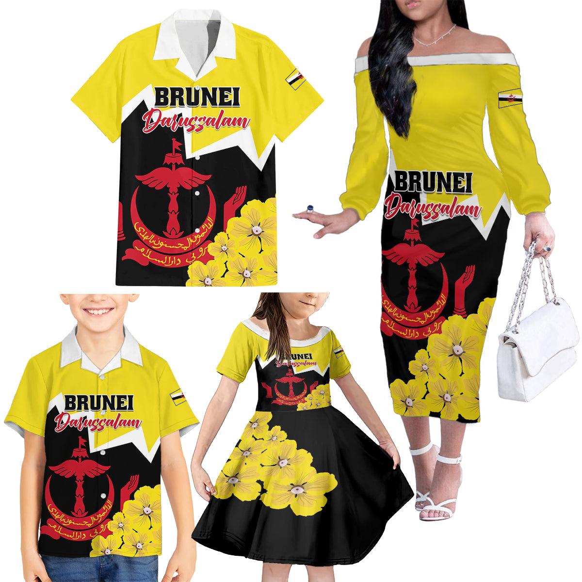 Brunei Darussalam National Day Family Matching Off Shoulder Long Sleeve Dress and Hawaiian Shirt Coat Of Arms Simpor Flower - Wonder Print Shop