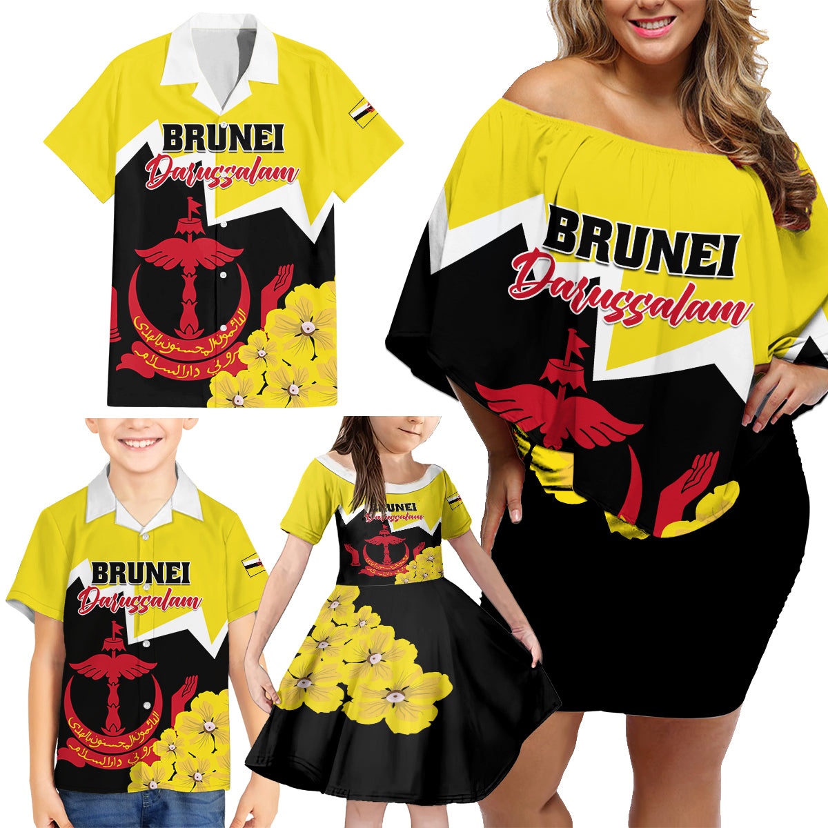 Brunei Darussalam National Day Family Matching Off Shoulder Short Dress and Hawaiian Shirt Coat Of Arms Simpor Flower - Wonder Print Shop