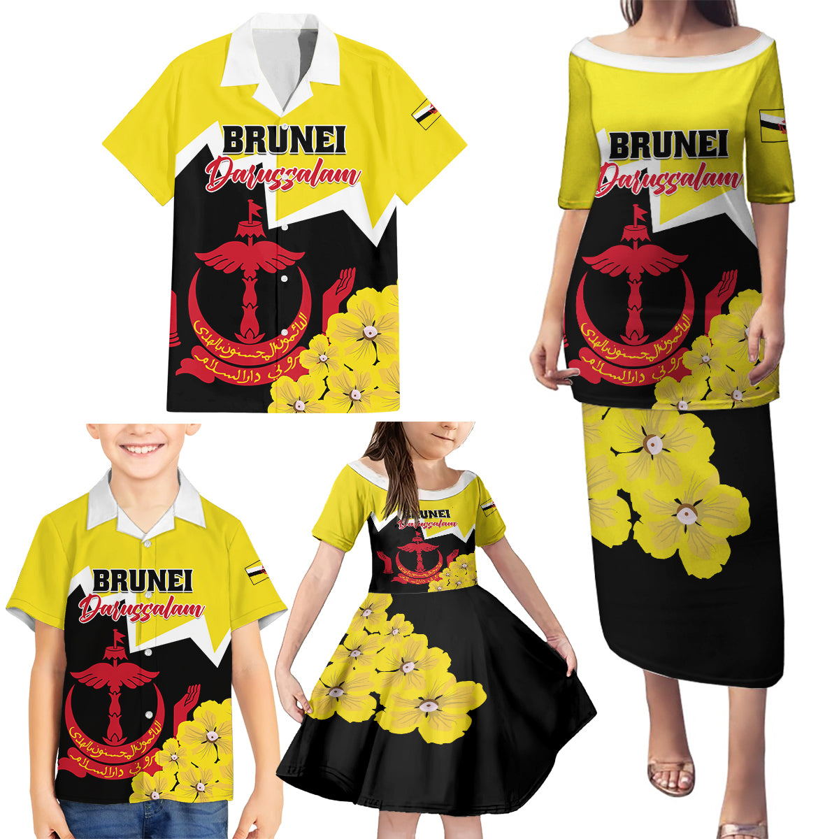 Brunei Darussalam National Day Family Matching Puletasi and Hawaiian Shirt Coat Of Arms Simpor Flower - Wonder Print Shop