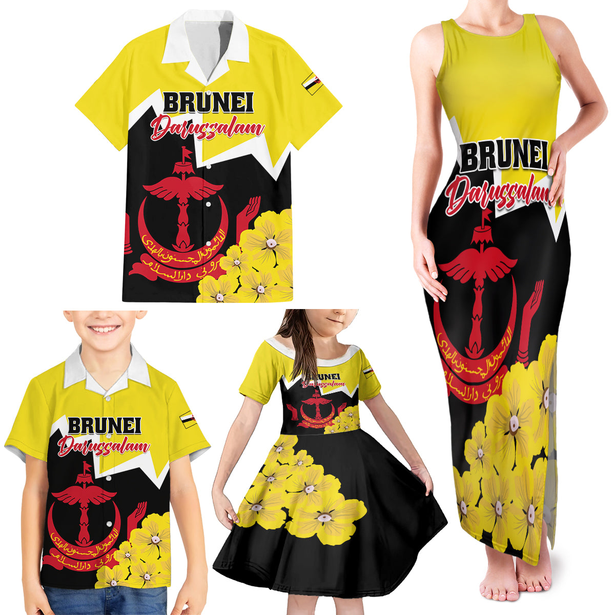 Brunei Darussalam National Day Family Matching Tank Maxi Dress and Hawaiian Shirt Coat Of Arms Simpor Flower - Wonder Print Shop