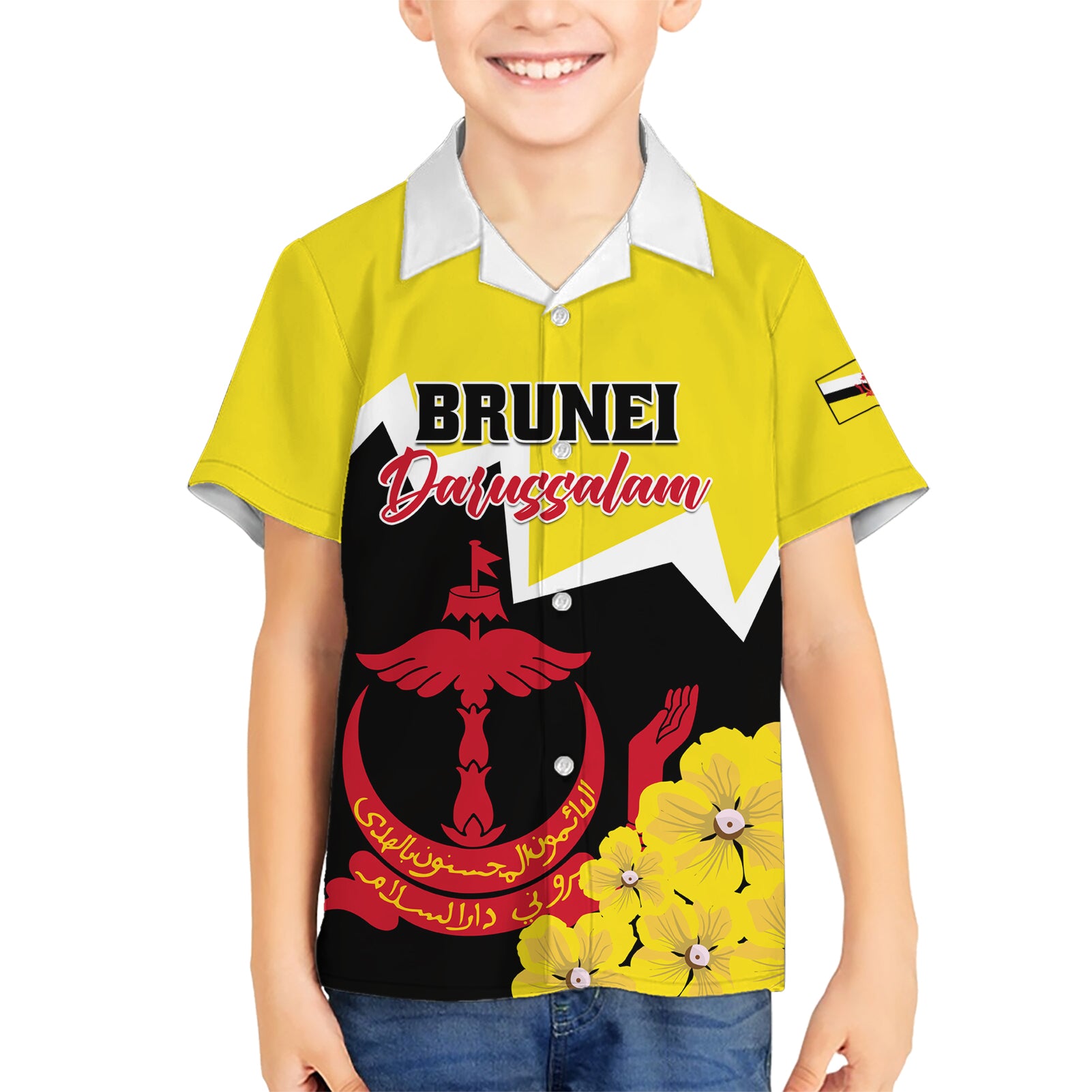 Brunei Darussalam National Day Kid Hawaiian Shirt Coat Of Arms Simpor Flower - Wonder Print Shop