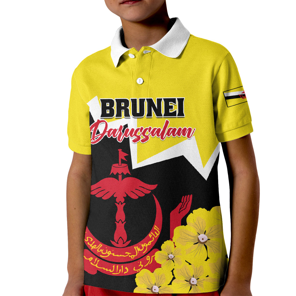 Brunei Darussalam National Day Kid Polo Shirt Coat Of Arms Simpor Flower - Wonder Print Shop