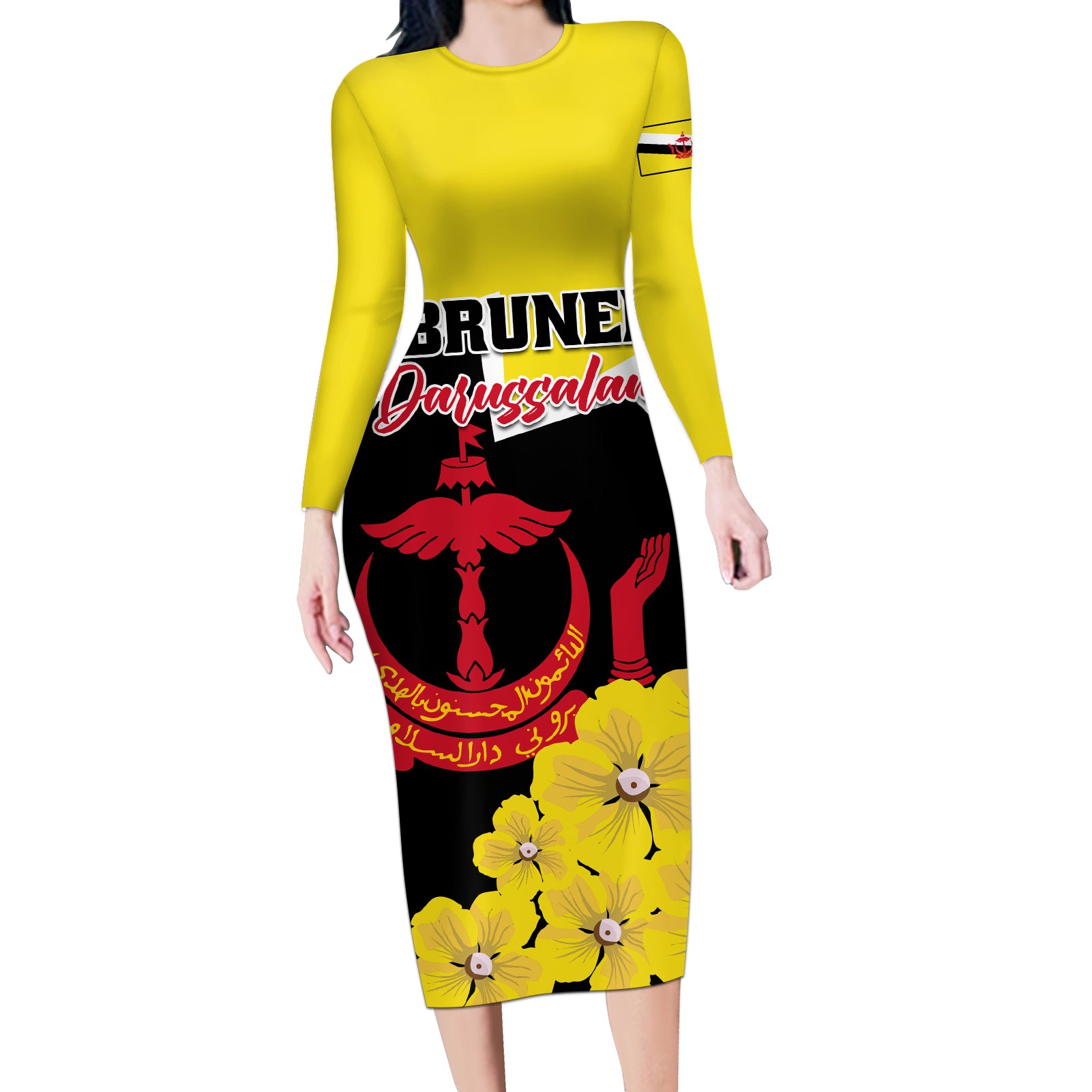 Brunei Darussalam National Day Long Sleeve Bodycon Dress Coat Of Arms Simpor Flower - Wonder Print Shop