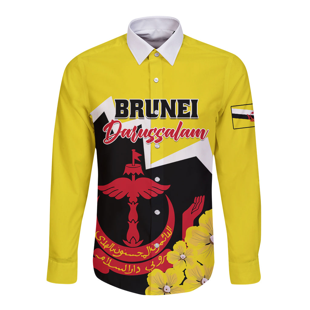 Yellow long-sleeve button shirt with front crest and floral graphic