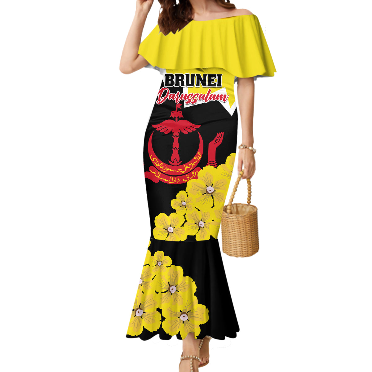 Brunei Darussalam National Day Mermaid Dress Coat Of Arms Simpor Flower - Wonder Print Shop