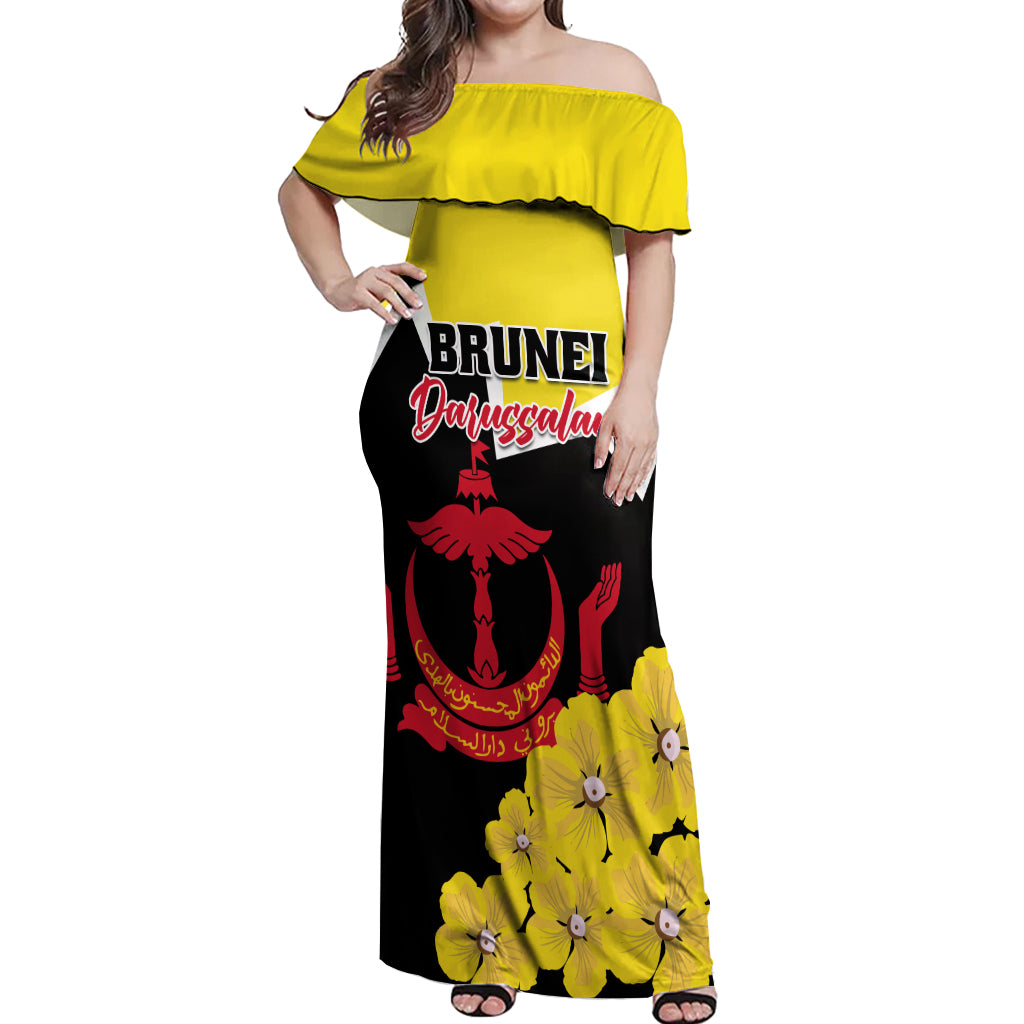 Brunei Darussalam National Day Off Shoulder Maxi Dress Coat Of Arms Simpor Flower - Wonder Print Shop