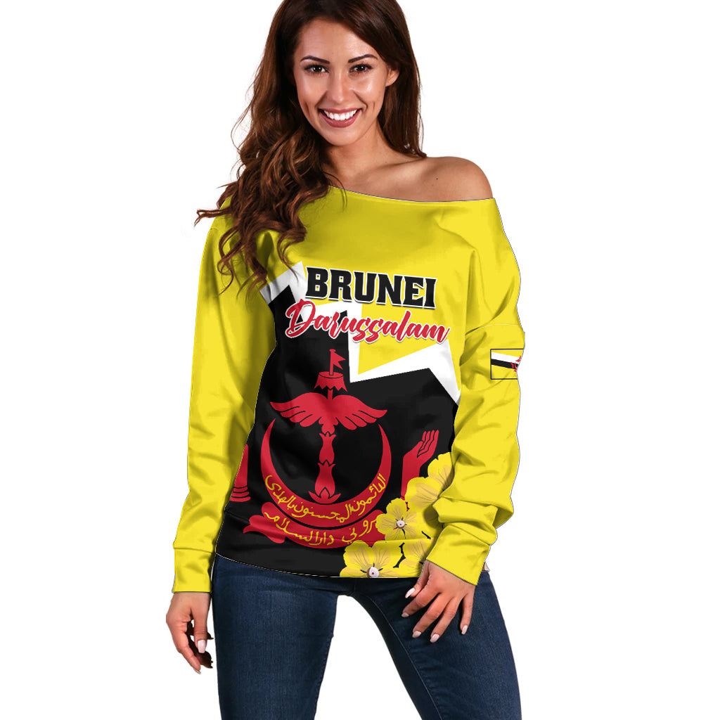 Brunei Darussalam National Day Off Shoulder Sweater Coat Of Arms Simpor Flower - Wonder Print Shop