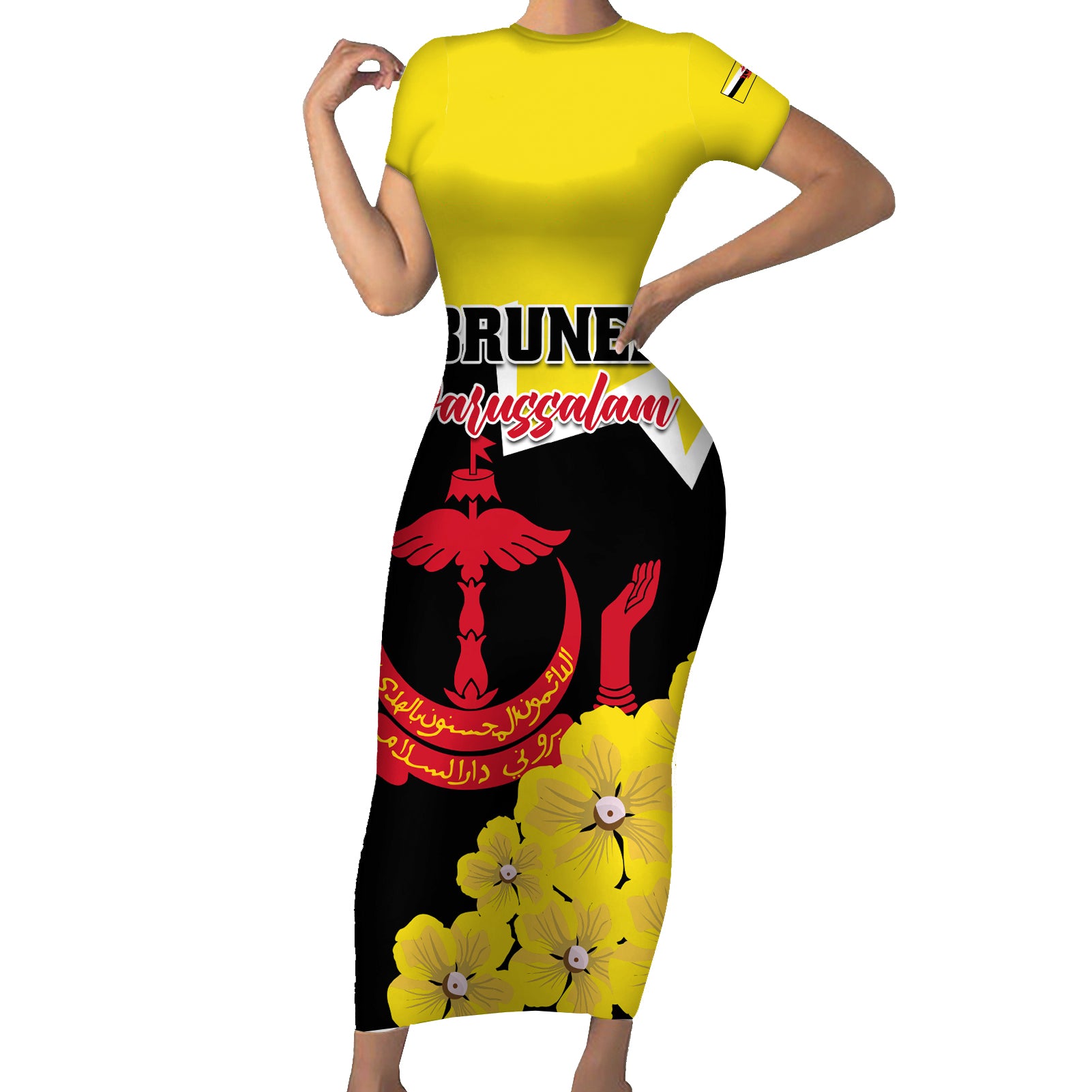 brunei-darussalam-national-day-short-sleeve-bodycon-dress-coat-of-arms-simpor-flower