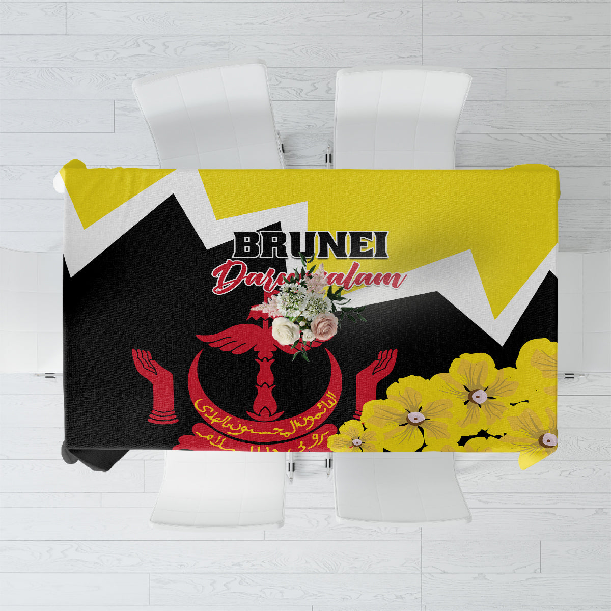 Yellow and black national day tablecloth with Brunei text, coat-of-arms emblem, and flowers