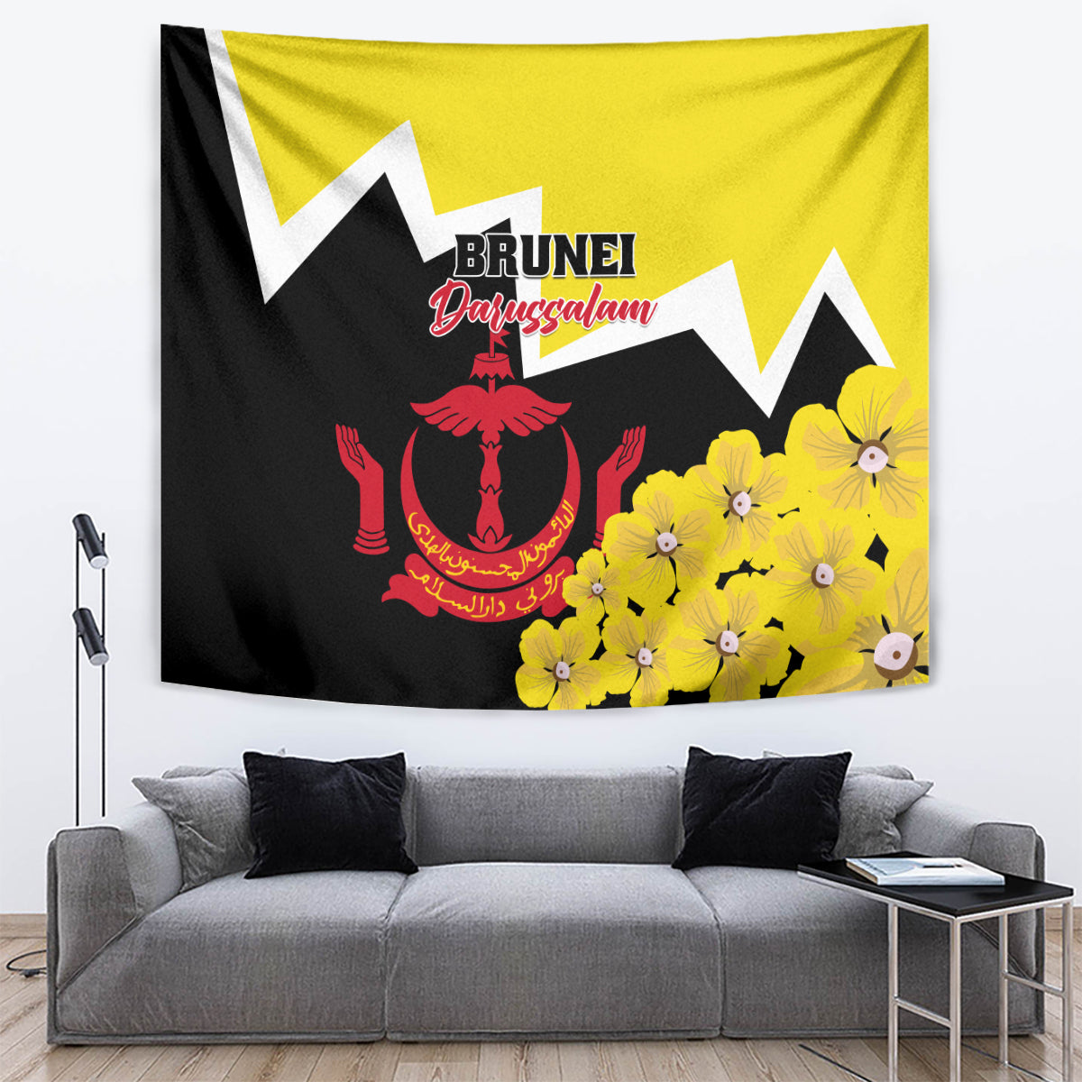 Brunei National Day tapestry wall hanging with yellow, black, white chevrons and red emblem
