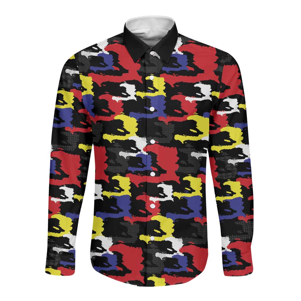 Haiti Map Camouflage Colorful Long Sleeve Button Shirt - Wonder Print Shop