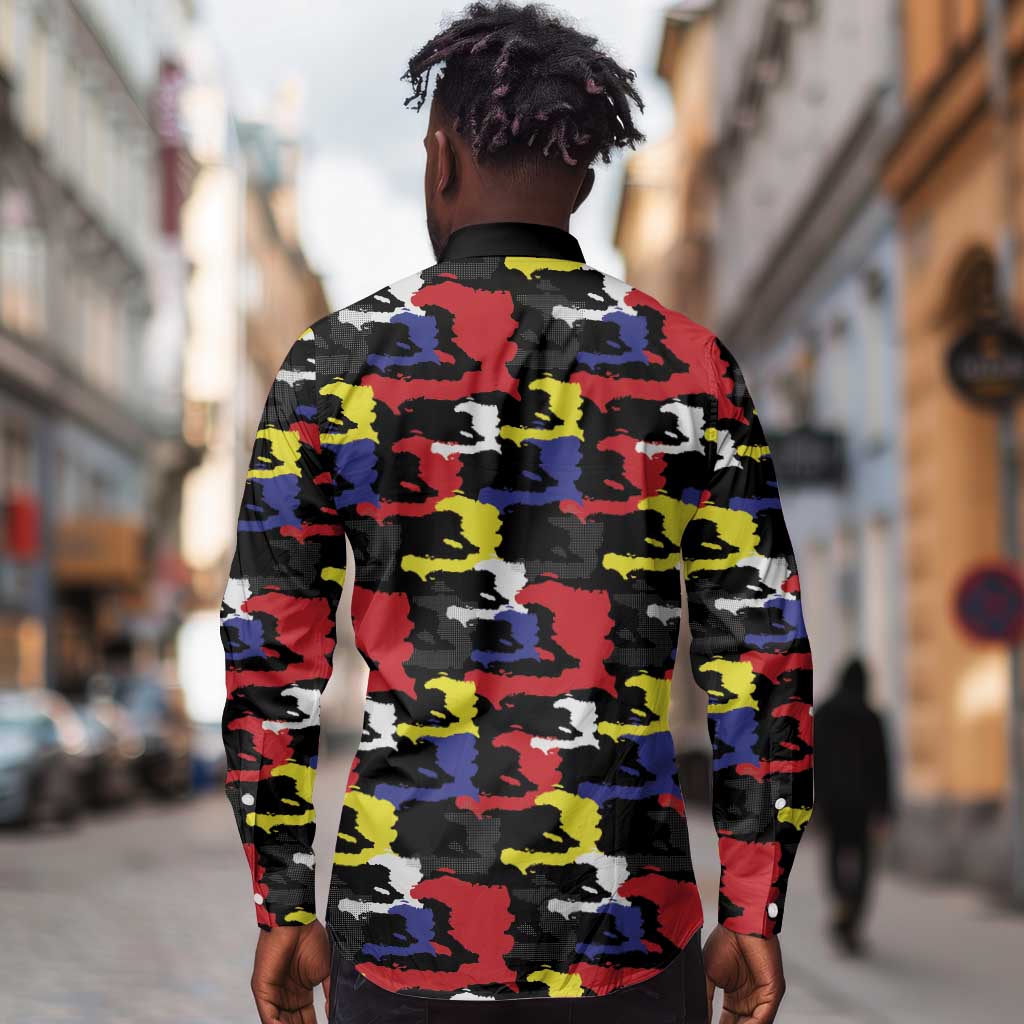 Haiti Map Camouflage Colorful Long Sleeve Button Shirt - Wonder Print Shop