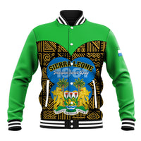 Green baseball jacket with ribbed collar and front 'Sierra Leone Independence Day' graphic