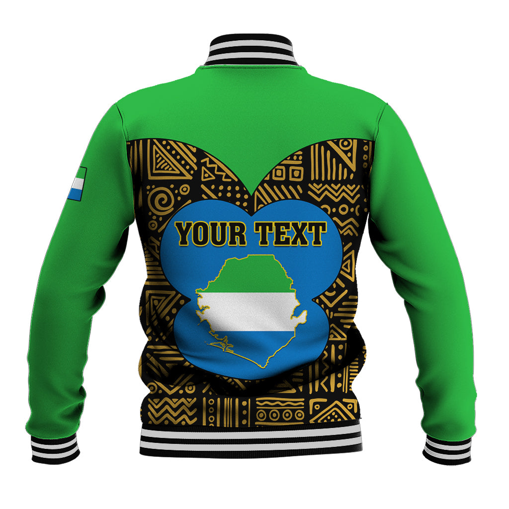 Green baseball jacket back with 'YOUR TEXT' and Sierra Leone map graphic, ribbed hem