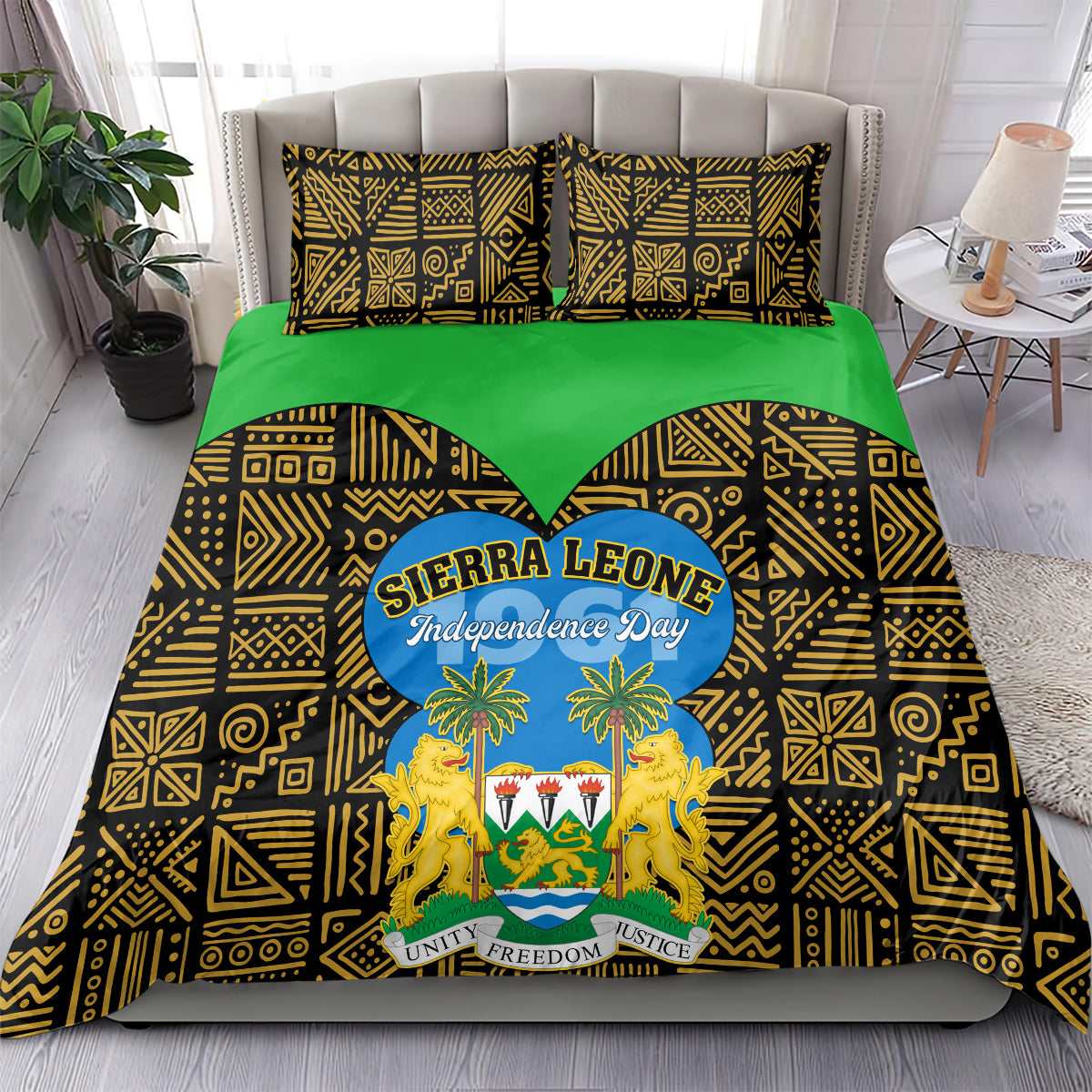 Bedding set draped over bed with green base and black-gold geometric pattern, Sierra Leone Independence Day logo