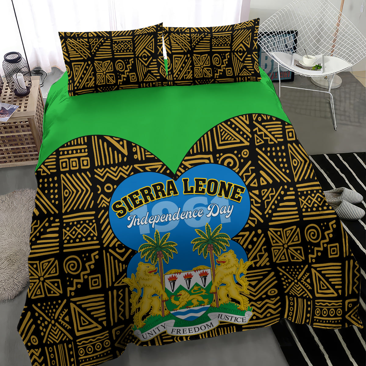 Bedding set with black-and-gold geometric duvet and green paneling, Sierra Leone Independence Day crest