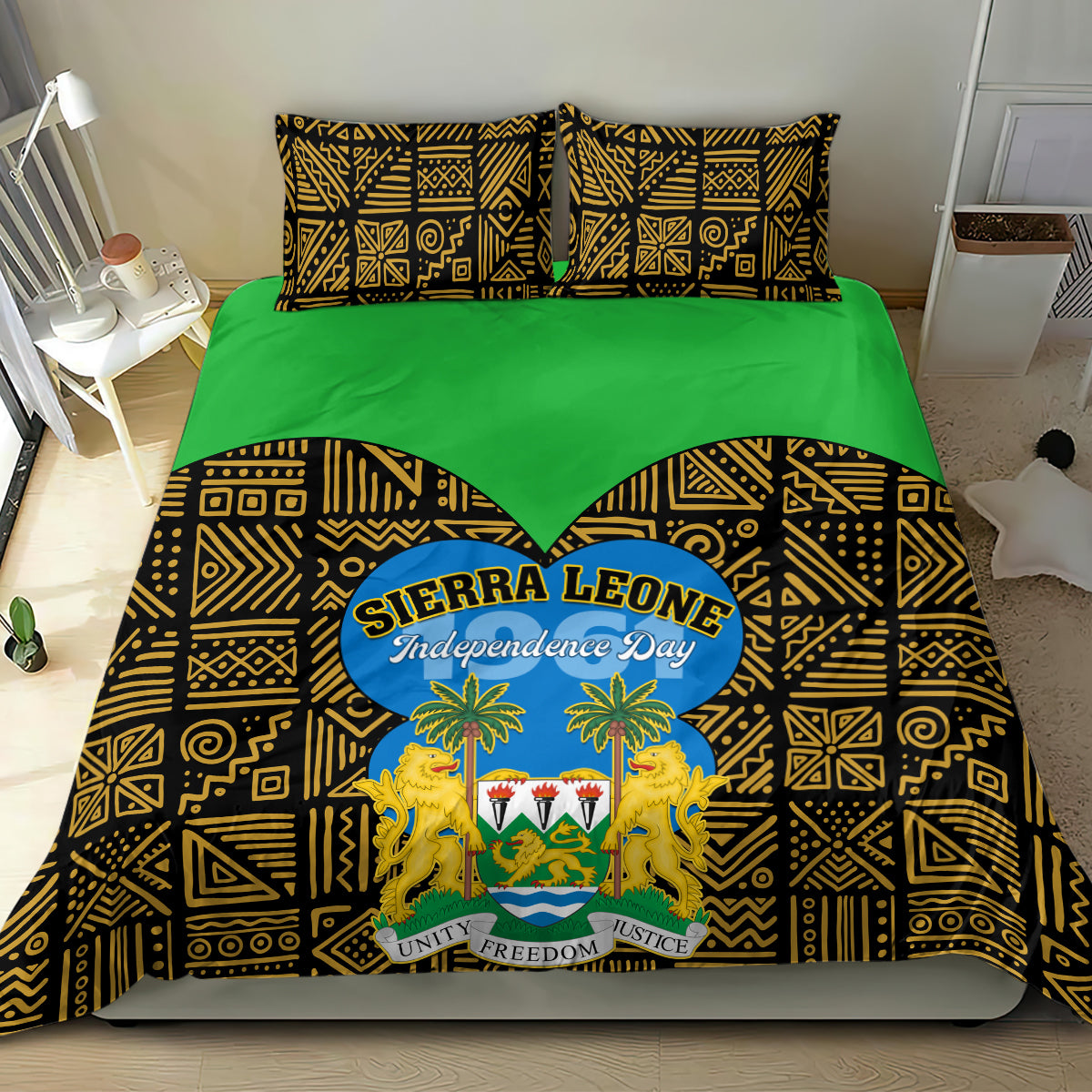 Bedding set on bed with green solid top and black-gold patterned cover, Sierra Leone Independence Day design