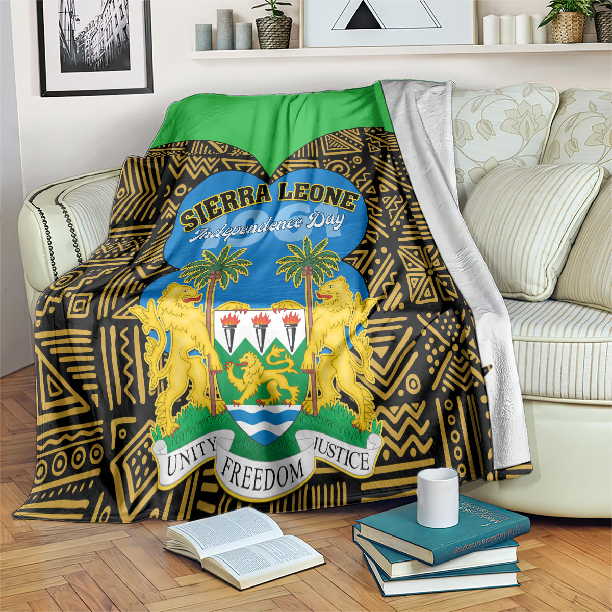Sierra Leone Independence Day blanket, green back with black-gold patterned design and lion crest