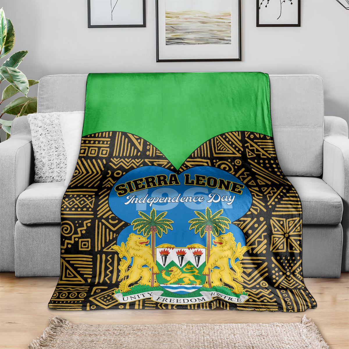 Sierra Leone Independence Day blanket draped, green border with black-gold pattern and lions seal