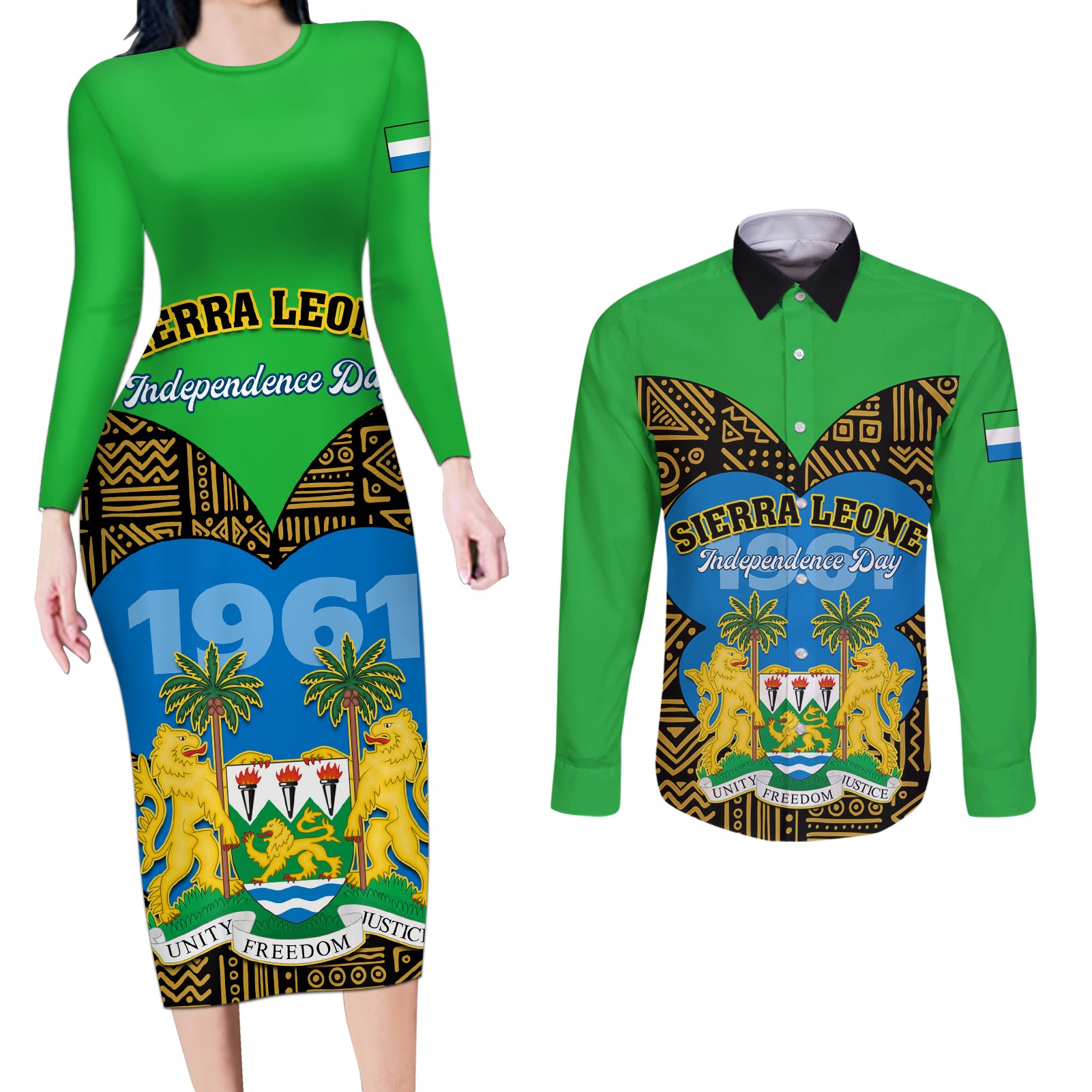 Sierra Leone Independence Day 2024 Couples Matching Long Sleeve Bodycon Dress and Long Sleeve Button Shirt Happy 63rd Anniversary African Pattern - Wonder Print Shop