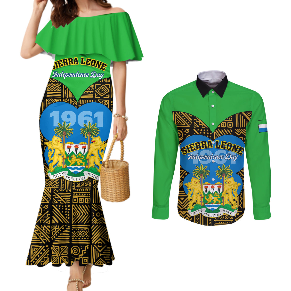 Sierra Leone Independence Day 2024 Couples Matching Mermaid Dress and Long Sleeve Button Shirt Happy 63rd Anniversary African Pattern