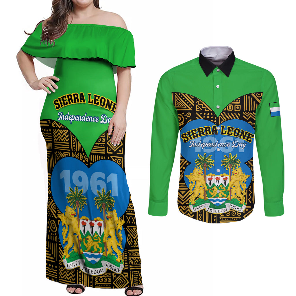 Sierra Leone Independence Day 2024 Couples Matching Off Shoulder Maxi Dress and Long Sleeve Button Shirt Happy 63rd Anniversary African Pattern - Wonder Print Shop